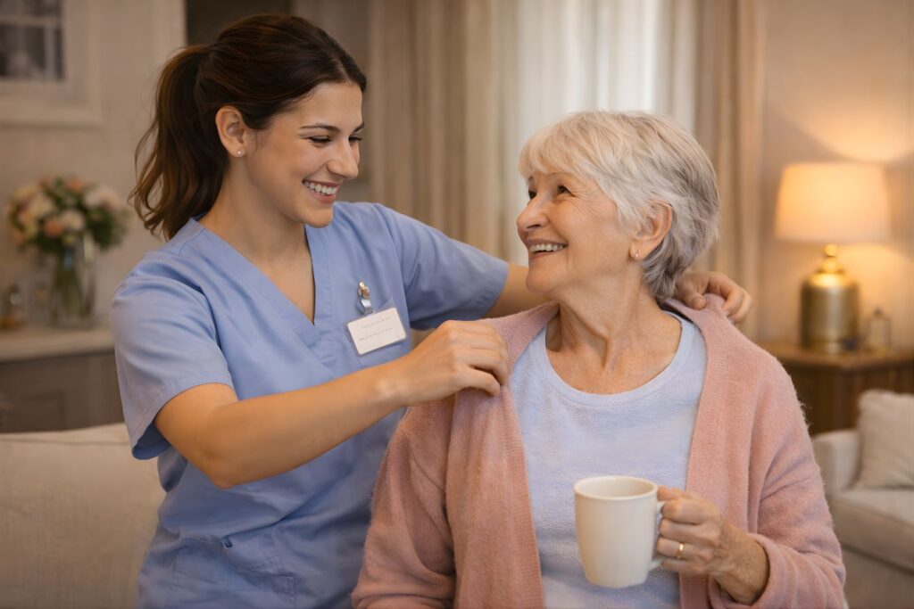 Home care agency near me helps woman put on a sweater