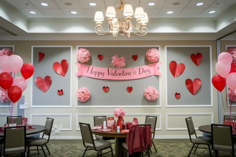 Dining room decorated with pink hearts for Valentines Day For Seniors
