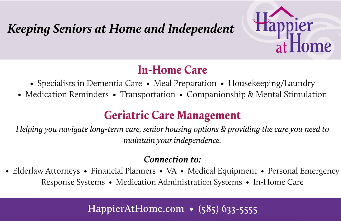 At Happier at Home, we provide in home care such as companion care, transportation, medication management, meal preparation, dementia care, housekeeping, Geriatric care management, as well as connections to elder law attorneys, financial planners etc. 