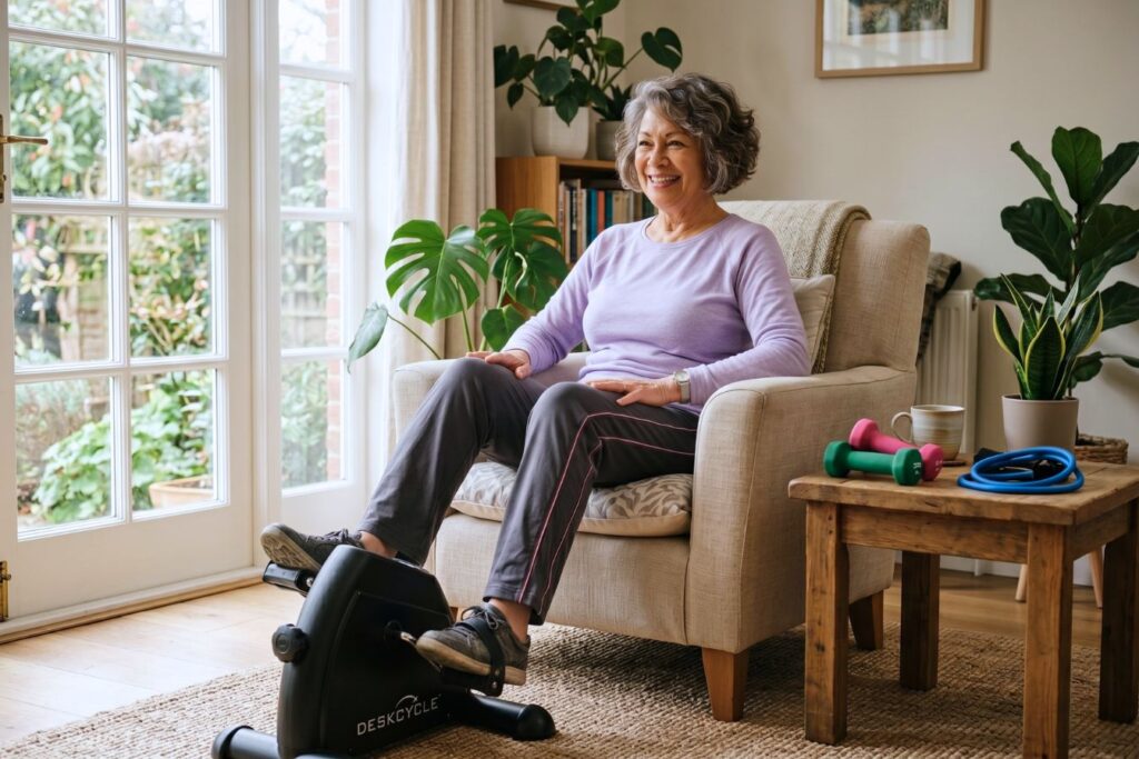 Woman using an exercise bike at home while sitting on a comfortable chair