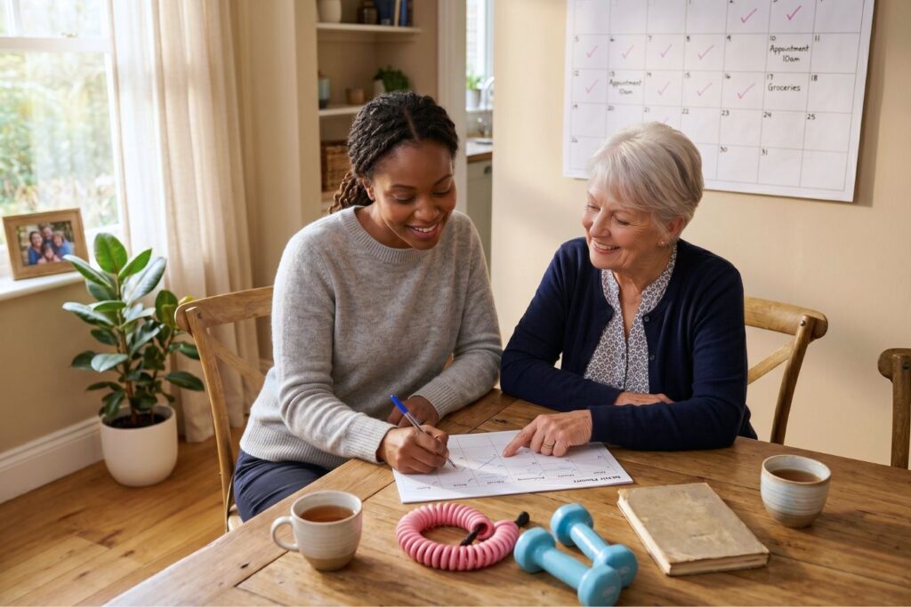 Women helping to create a home workout routine for seniors
