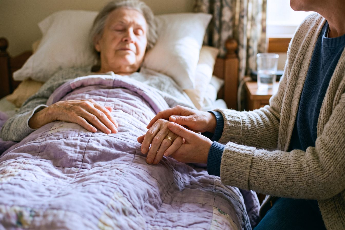 Caregiver holding hands with a sick person