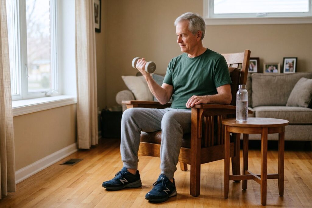 Man doing light exercise while sitting at home