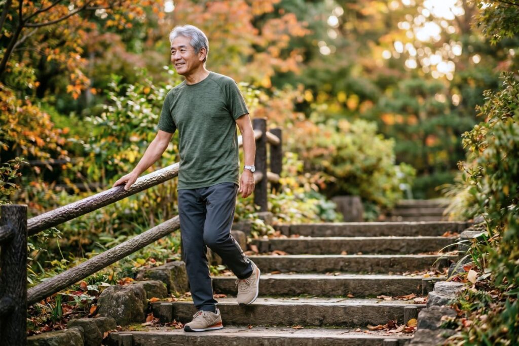 Fit man in his later years walking down stairs in a park