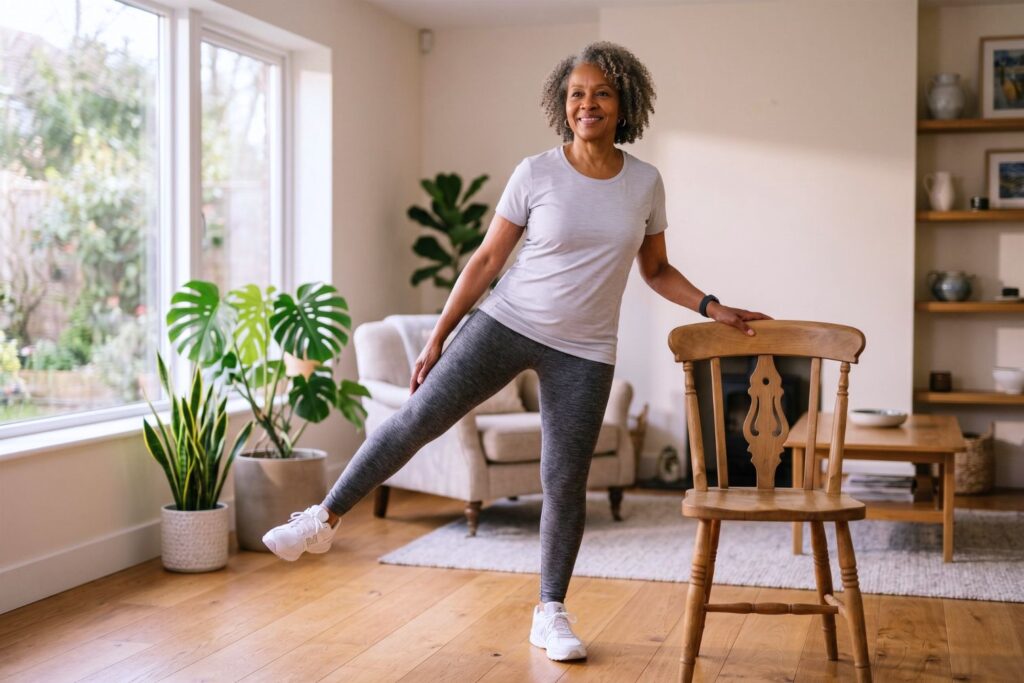 Healthy senior woman doing leg exercises at home