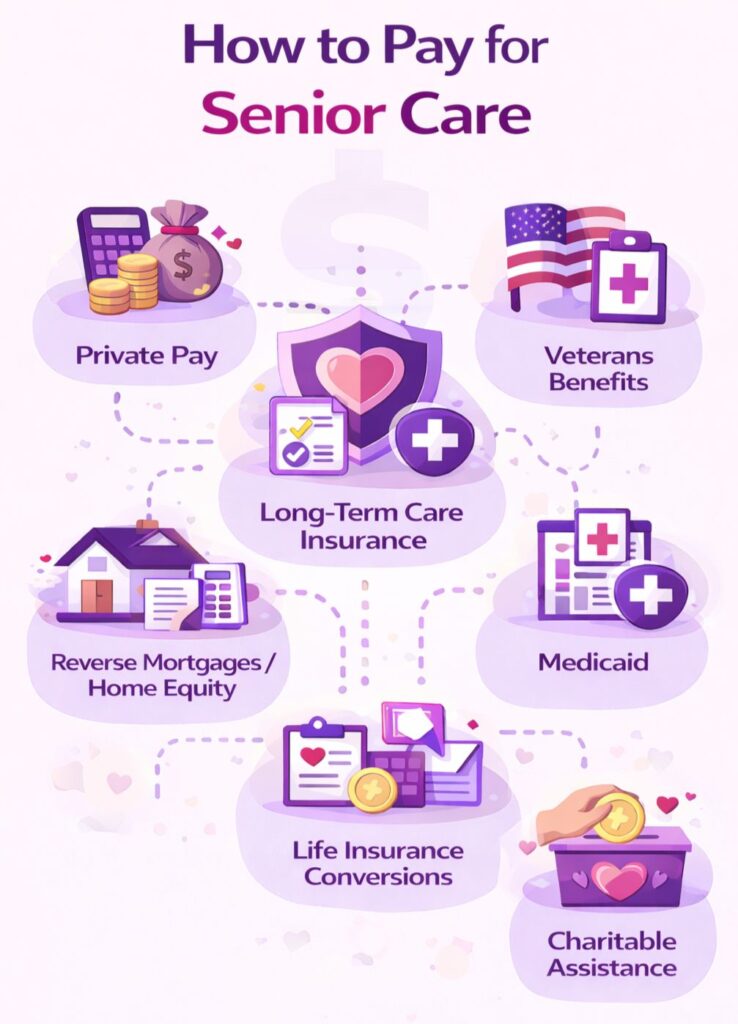 List of options for how to pay for in-home senior care including Medicaid, Private Pay, Long-term Insurance and more