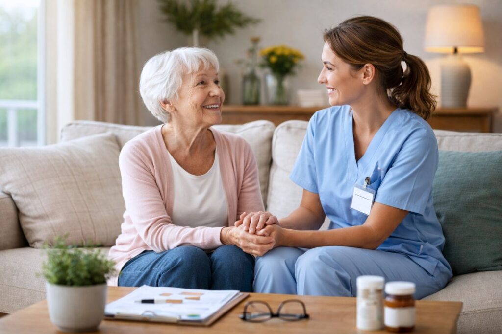 In-home care nurse sitting on a couch with an elderly woman