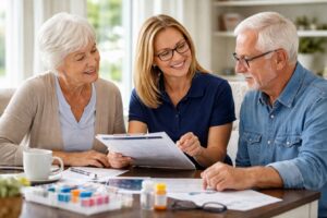 Geriatric care management agency rep meets with elderly couple to plan medical care