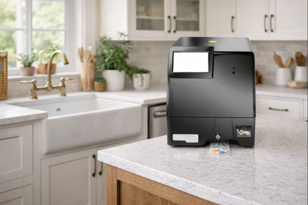 Automated medication management machine in a modern kitchen