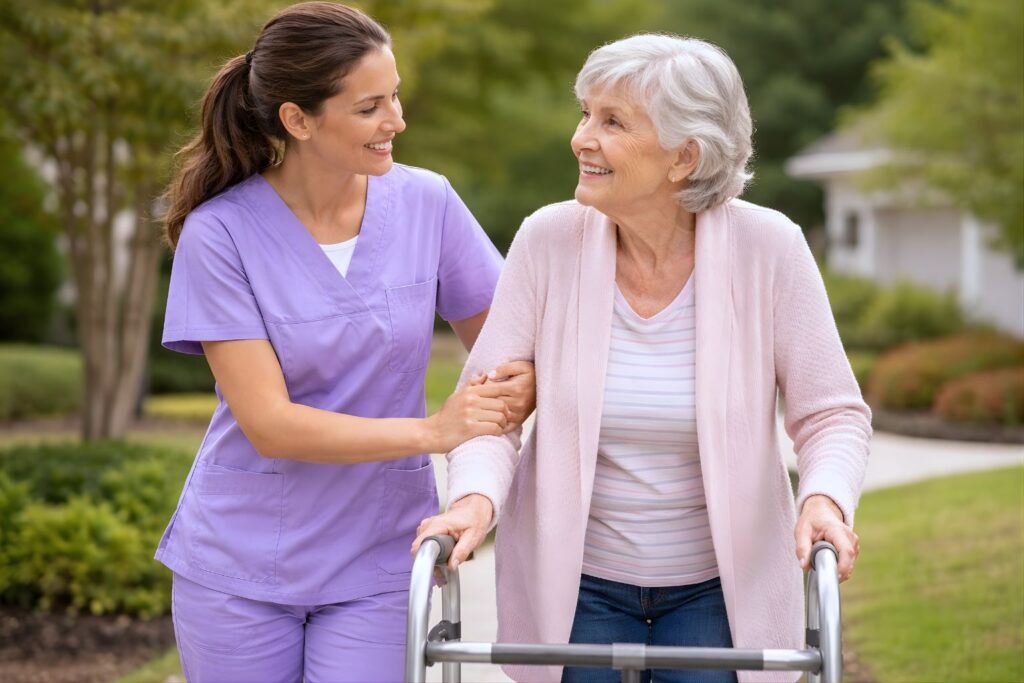 Non Medical Home Care companion helping an elderly woman walk