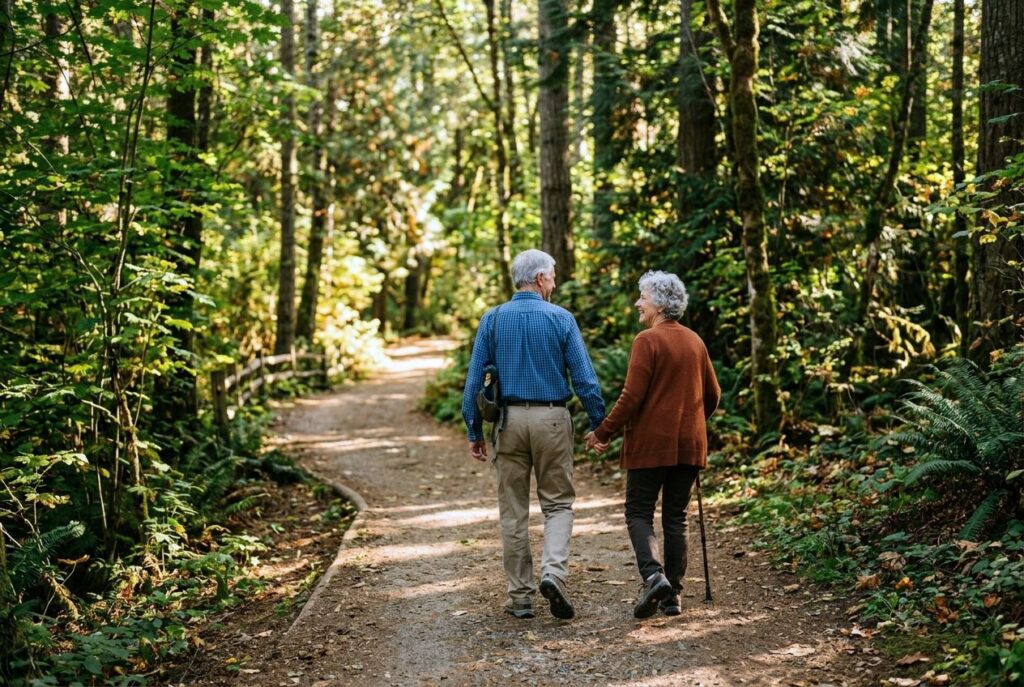 Senior couple taking a nature walk in the woods