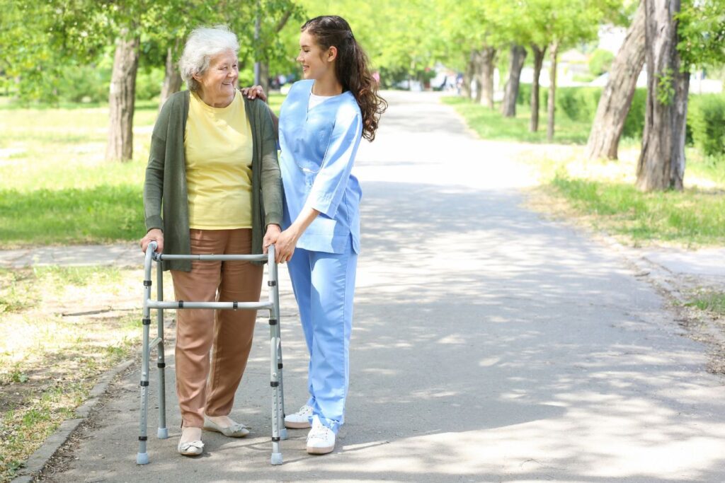 Elderly woman walking in beautiful weather is a great Spring activity for seniors