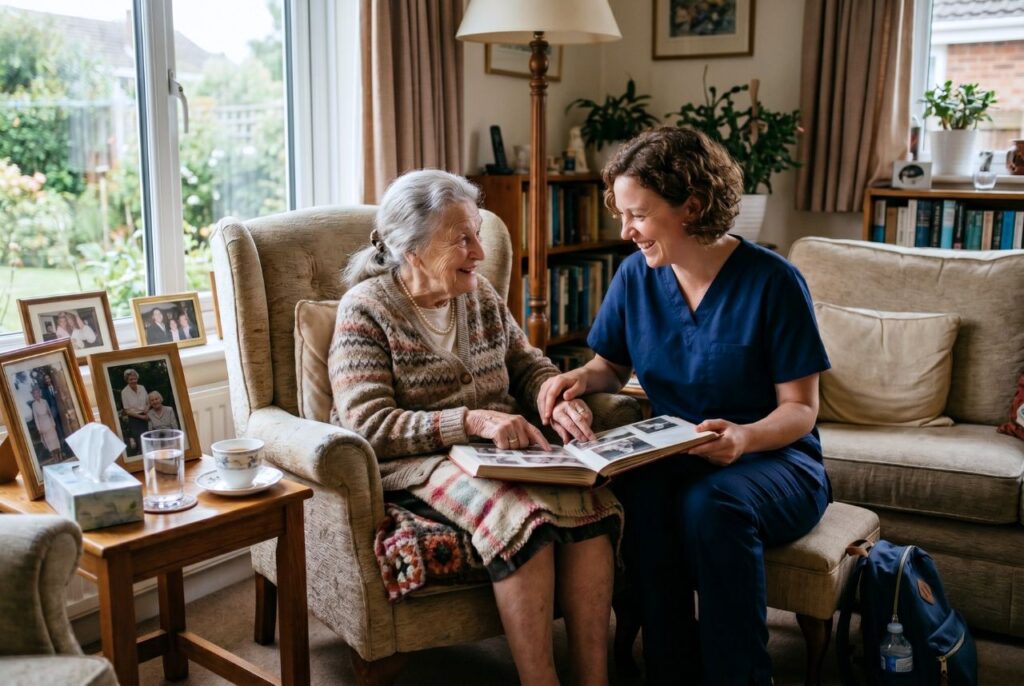 In home caregiver looking through old photos with an elderly woman