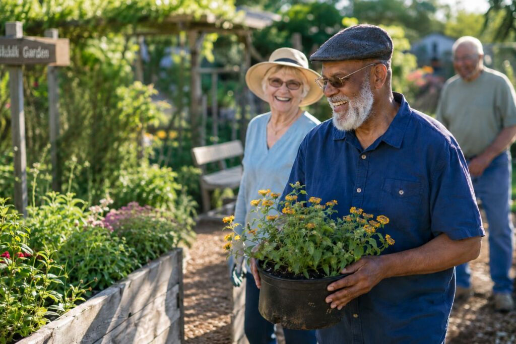 Elderly man planting flowers