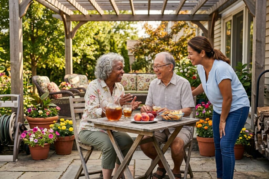 Family having breakfast on an outdoor patio