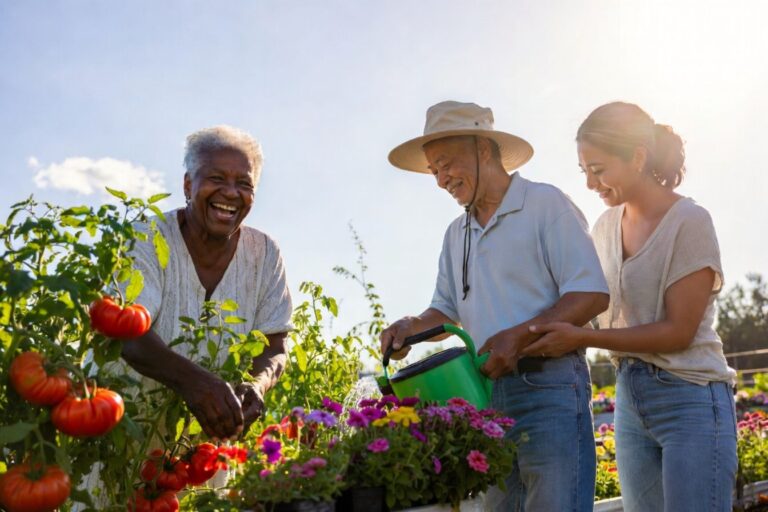 Group of seniors gardening in the summer